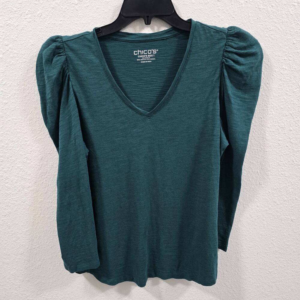 Chico’s Green Long Sleeve Puff Shoulder Top Size 2 (M) V-Neck Soft Knit Blouse - Picture 2 of 7